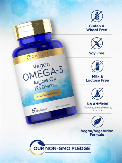 Carlyle Veganes Omega 3 Supplement | 1290 mg | 60 Softgels | Pflanzenbasiert | Non-GMO & Glutenfrei | Aus Algenöl