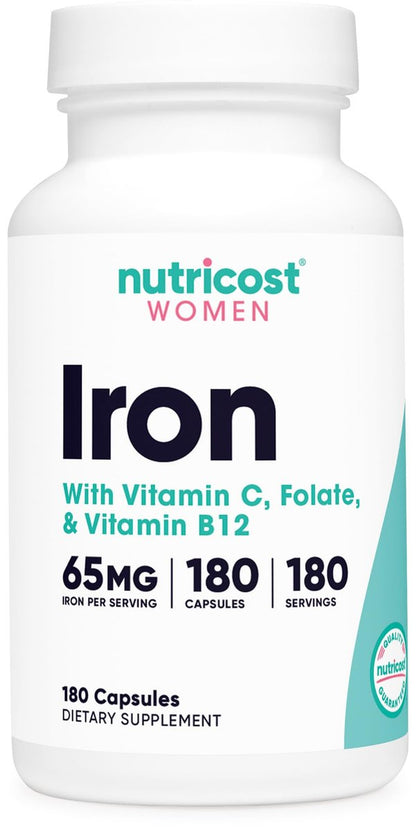 Nutricost Eisen für Frauen 65mg, 180 Kapseln, mit Vitamin C, Folsäure & Vitamin B12 - Vegetarierfreundlich, Non-GMO, Glutenfrei