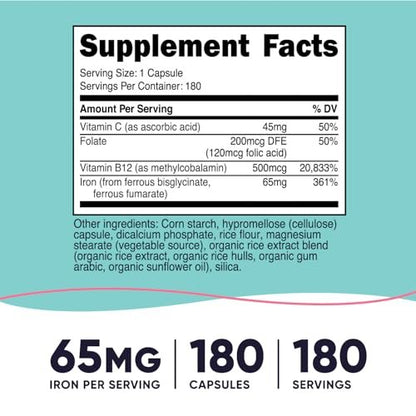 Nutricost Eisen für Frauen 65mg, 180 Kapseln, mit Vitamin C, Folsäure & Vitamin B12 - Vegetarierfreundlich, Non-GMO, Glutenfrei