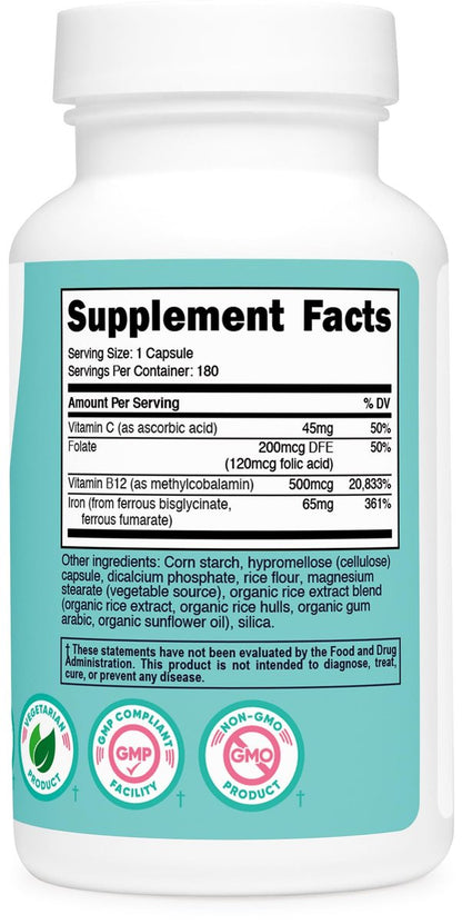 Nutricost Eisen für Frauen 65mg, 180 Kapseln, mit Vitamin C, Folsäure & Vitamin B12 - Vegetarierfreundlich, Non-GMO, Glutenfrei