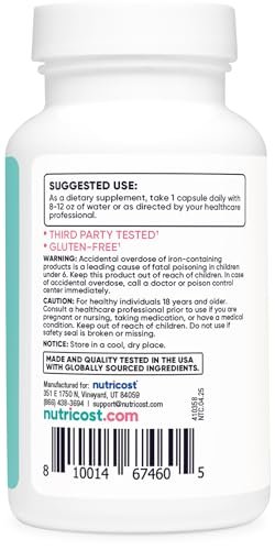 Nutricost Eisen für Frauen 65mg, 180 Kapseln, mit Vitamin C, Folsäure & Vitamin B12 - Vegetarierfreundlich, Non-GMO, Glutenfrei