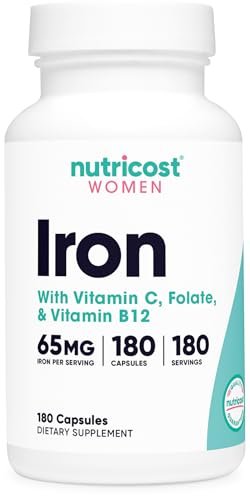 Nutricost Eisen für Frauen 65mg, 180 Kapseln, mit Vitamin C, Folsäure & Vitamin B12 - Vegetarierfreundlich, Non-GMO, Glutenfrei