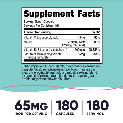 Nutricost Eisen für Frauen 65mg, 180 Kapseln, mit Vitamin C, Folsäure & Vitamin B12 - Vegetarierfreundlich, Non-GMO, Glutenfrei
