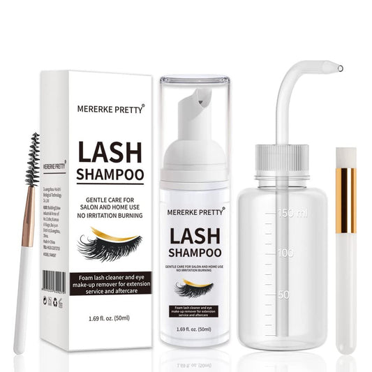Mererke_Pretty Wimpernverlängerungs-Reiniger 50 ml + Bürsten + Spülflasche – Schaumreiniger für Wimpernverlängerungen und Naturwimpern, Make-up-Entferner für Salon und Zuhause