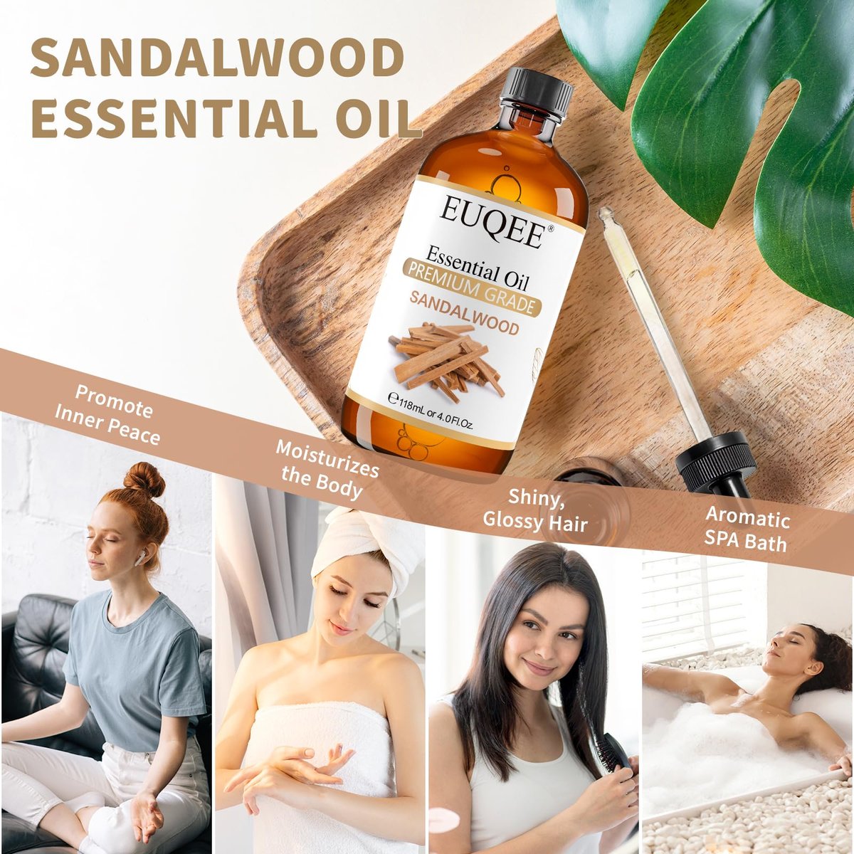 EUQEE Sandelholz Ätherisches Öl (118 ml) mit Pipette – Ideal für Diffuser, Seifen- und Kerzenherstellung