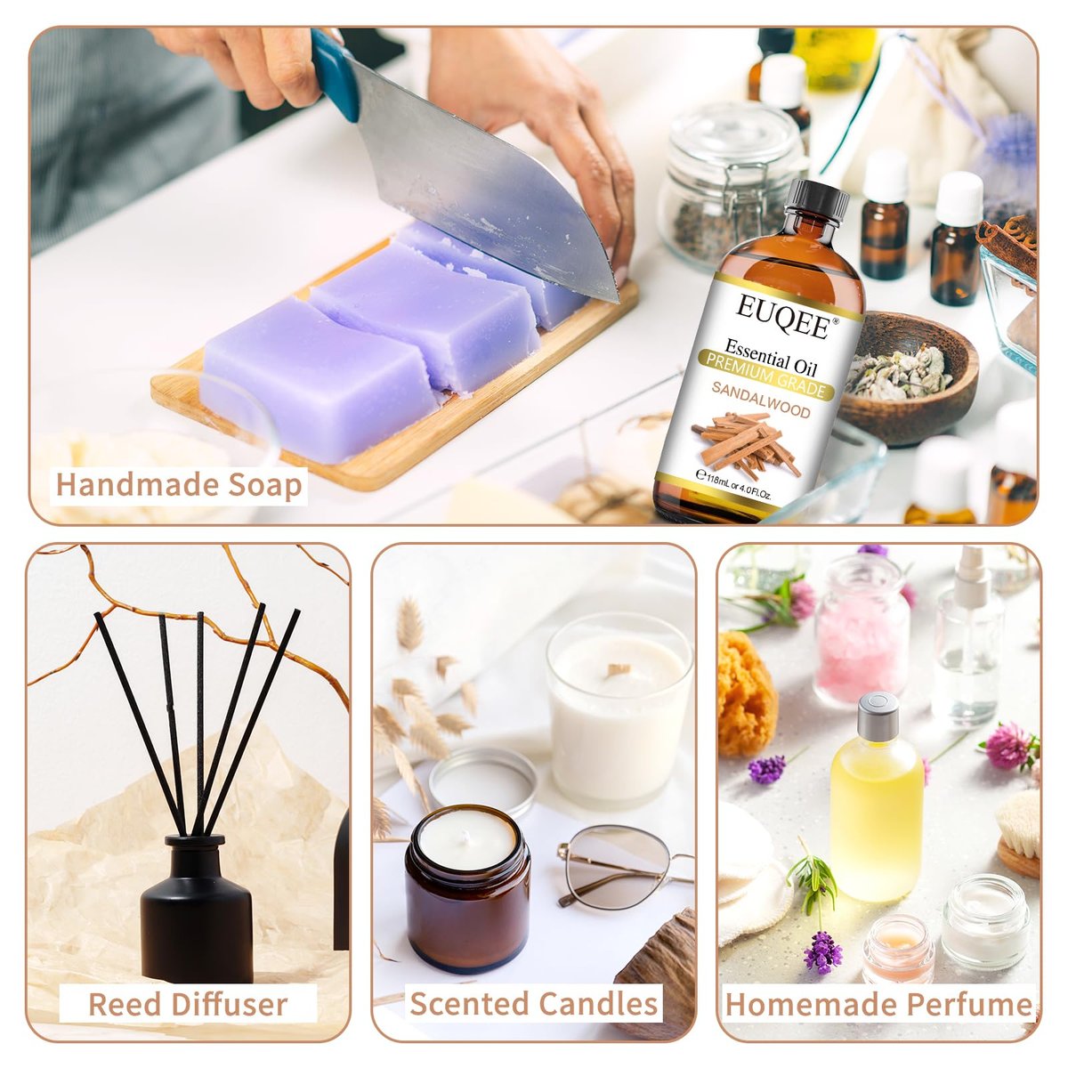 EUQEE Sandelholz Ätherisches Öl (118 ml) mit Pipette – Ideal für Diffuser, Seifen- und Kerzenherstellung