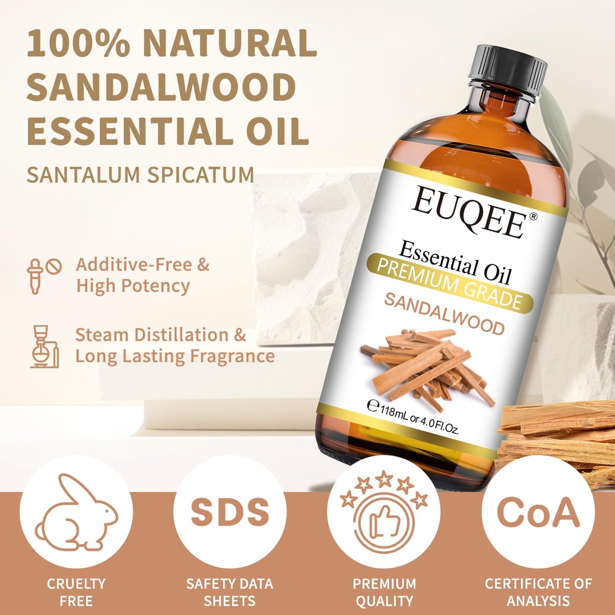 EUQEE Sandelholz Ätherisches Öl (118 ml) mit Pipette – Ideal für Diffuser, Seifen- und Kerzenherstellung