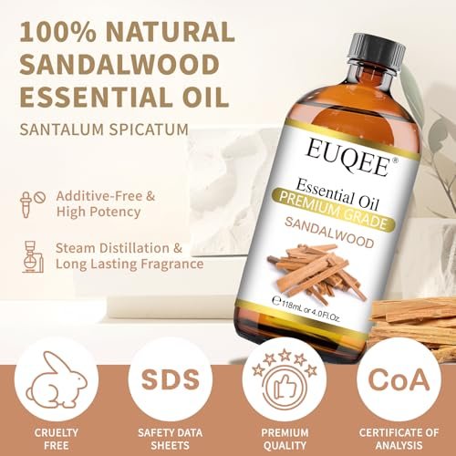 EUQEE Sandelholz Ätherisches Öl (118 ml) mit Pipette – Ideal für Diffuser, Seifen- und Kerzenherstellung