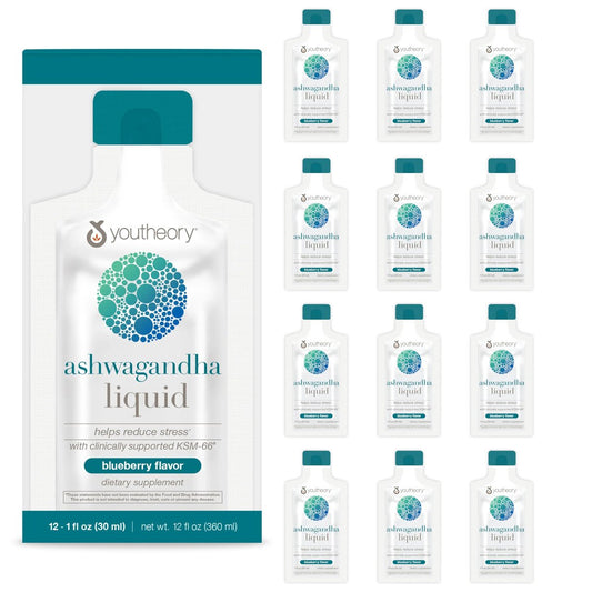 Youtheory Ashwagandha Liquid – mit Bio KSM-66 Ashwagandha – Kräutermischung zur Unterstützung von Stressabbau & Energielevel* – 1 oz Einzelportionsbeutel, 12er-Pack