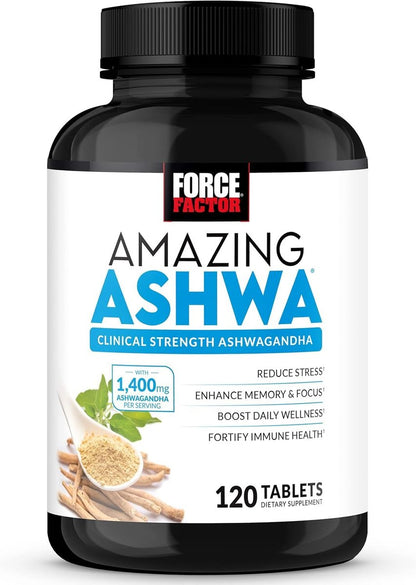Force Factor Amazing Ashwa, KSM-66 Ashwagandha Supplement – Stressabbau, Fokus, Gedächtnis, Immununterstützung mit Vitaminen, Mineralien & Antioxidantien, Cortisol-Ergänzung für Frauen, 120 Tabletten