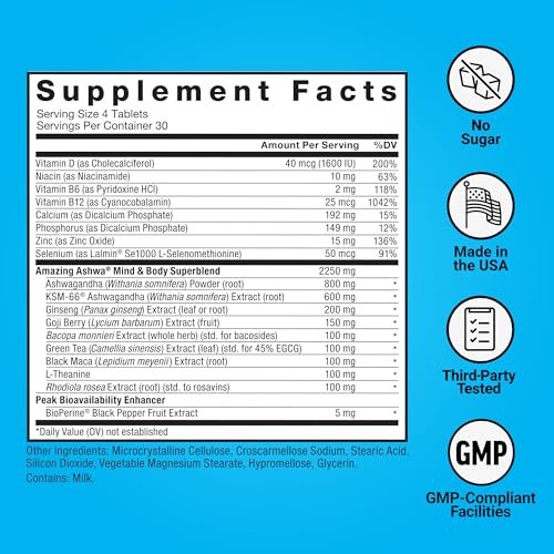 Force Factor Amazing Ashwa, KSM-66 Ashwagandha Supplement – Stressabbau, Fokus, Gedächtnis, Immununterstützung mit Vitaminen, Mineralien & Antioxidantien, Cortisol-Ergänzung für Frauen, 120 Tabletten
