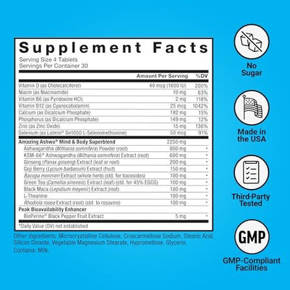 Force Factor Amazing Ashwa, KSM-66 Ashwagandha Supplement – Stressabbau, Fokus, Gedächtnis, Immununterstützung mit Vitaminen, Mineralien & Antioxidantien, Cortisol-Ergänzung für Frauen, 120 Tabletten