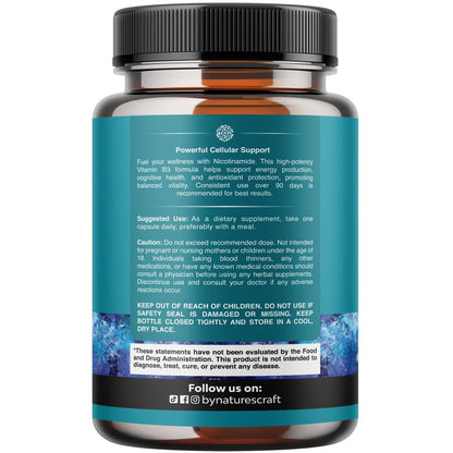 Vitamin B3 Niacinamid 500mg Kapseln - Mitochondrien Energie und Hautergänzung - Niacin-Flush-freies Nicotinamid 500mg - 180 Kapseln