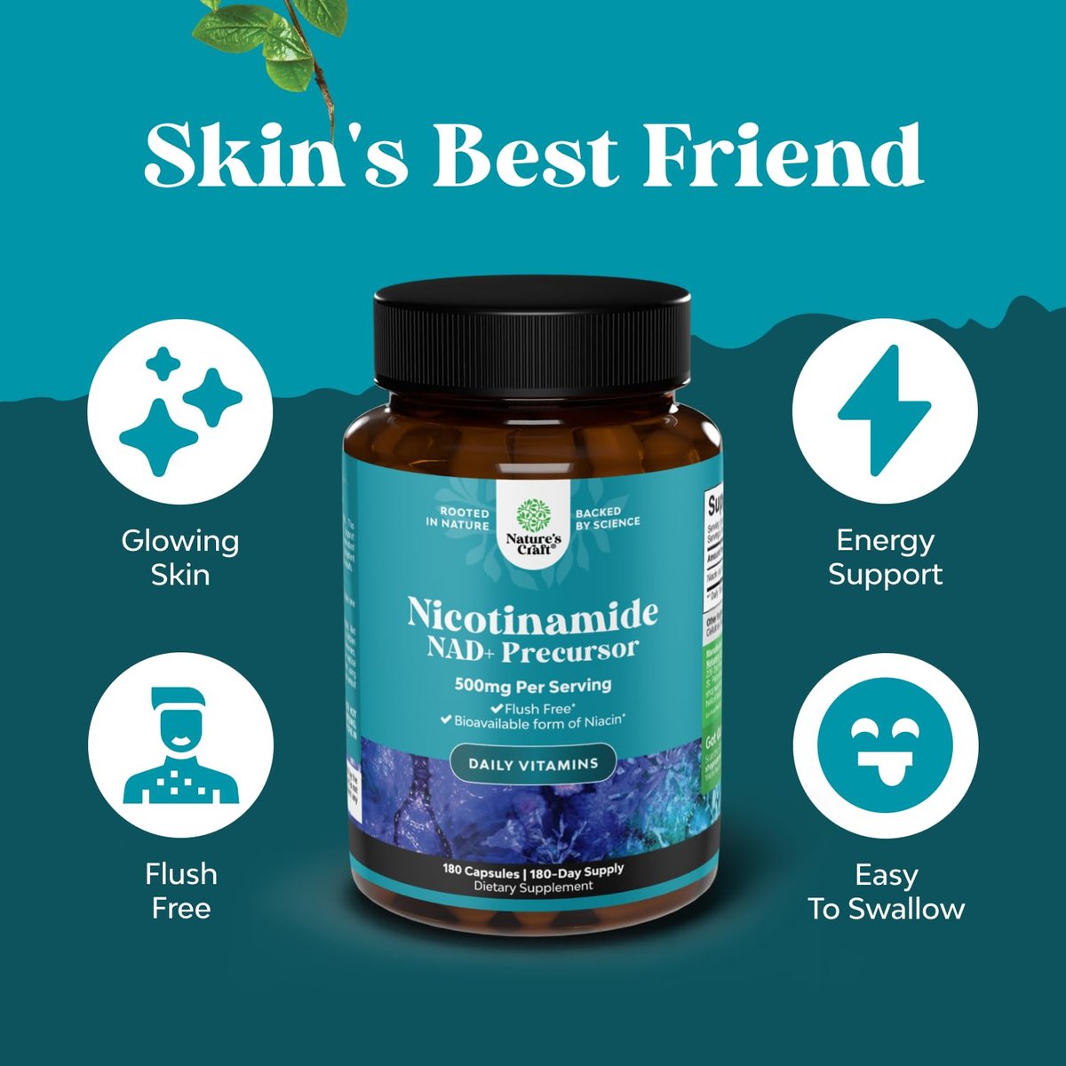Vitamin B3 Niacinamid 500mg Kapseln - Mitochondrien Energie und Hautergänzung - Niacin-Flush-freies Nicotinamid 500mg - 180 Kapseln