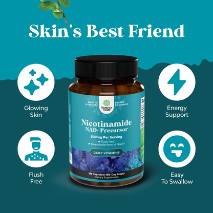 Vitamin B3 Niacinamid 500mg Kapseln - Mitochondrien Energie und Hautergänzung - Niacin-Flush-freies Nicotinamid 500mg - 180 Kapseln