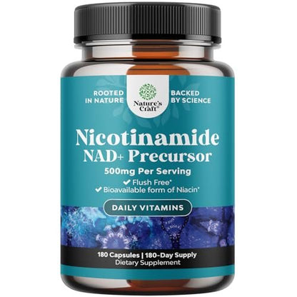Vitamin B3 Niacinamid 500mg Kapseln - Mitochondrien Energie und Hautergänzung - Niacin-Flush-freies Nicotinamid 500mg - 180 Kapseln