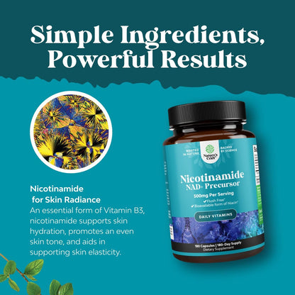 Vitamin B3 Niacinamid 500mg Kapseln - Mitochondrien Energie und Hautergänzung - Niacin-Flush-freies Nicotinamid 500mg - 180 Kapseln