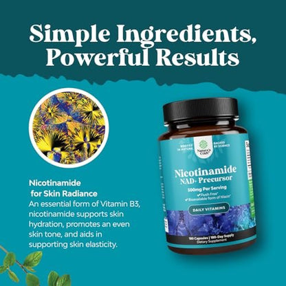 Vitamin B3 Niacinamid 500mg Kapseln - Mitochondrien Energie und Hautergänzung - Niacin-Flush-freies Nicotinamid 500mg - 180 Kapseln