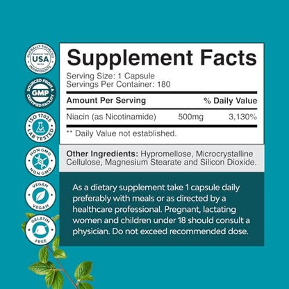 Vitamin B3 Niacinamid 500mg Kapseln - Mitochondrien Energie und Hautergänzung - Niacin-Flush-freies Nicotinamid 500mg - 180 Kapseln