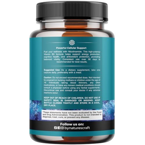 Vitamin B3 Niacinamid 500mg Kapseln - Mitochondrien Energie und Hautergänzung - Niacin-Flush-freies Nicotinamid 500mg - 180 Kapseln