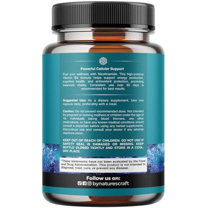 Vitamin B3 Niacinamid 500mg Kapseln - Mitochondrien Energie und Hautergänzung - Niacin-Flush-freies Nicotinamid 500mg - 180 Kapseln