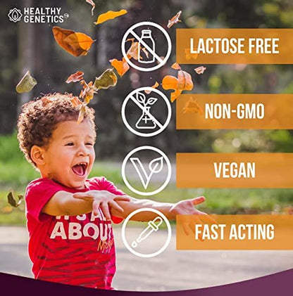 Healthy Genetics Flüssiges Probiotikum für Kinder & Kleinkinder | + Präbiotikum + Ingwerwurzel | Acidophilus Probiotikum | Laktosefrei | Vegan | Ohne Gentechnik | Glutenfrei | 30-60 Portionen