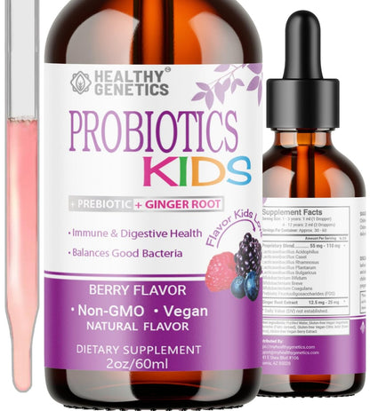 Healthy Genetics Flüssiges Probiotikum für Kinder & Kleinkinder | + Präbiotikum + Ingwerwurzel | Acidophilus Probiotikum | Laktosefrei | Vegan | Ohne Gentechnik | Glutenfrei | 30-60 Portionen