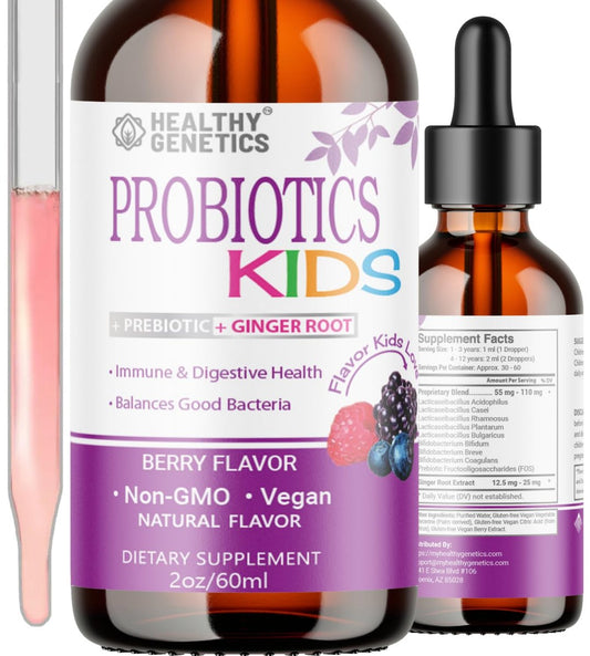 Healthy Genetics Flüssiges Probiotikum für Kinder & Kleinkinder | + Präbiotikum + Ingwerwurzel | Acidophilus Probiotikum | Laktosefrei | Vegan | Ohne Gentechnik | Glutenfrei | 30-60 Portionen