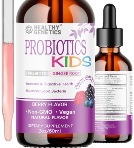 Healthy Genetics Flüssiges Probiotikum für Kinder & Kleinkinder | + Präbiotikum + Ingwerwurzel | Acidophilus Probiotikum | Laktosefrei | Vegan | Ohne Gentechnik | Glutenfrei | 30-60 Portionen