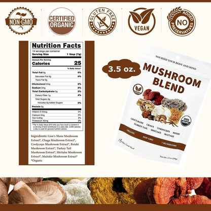 Cherie Sweet Heart 7 Mushroom Extract Powder – USDA Bio Superfood Mischung mit Löwenmähne, Reishi, Cordyceps, Maitake, Shiitake, Truthahnschwanz & Chaga – Vegan, Non-GMO, Glutenfrei – 3,5 oz
