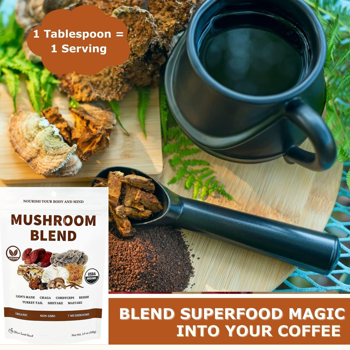 Cherie Sweet Heart 7 Mushroom Extract Powder – USDA Bio Superfood Mischung mit Löwenmähne, Reishi, Cordyceps, Maitake, Shiitake, Truthahnschwanz & Chaga – Vegan, Non-GMO, Glutenfrei – 3,5 oz