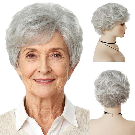 GNIMEGIL Kurze Graue Lockige Perücke für Frauen – Oma Grau Synthetik Perücke mit Pony, Geschenk für Mütter, Omas, Damen, Karneval, Halloween Kostüm
