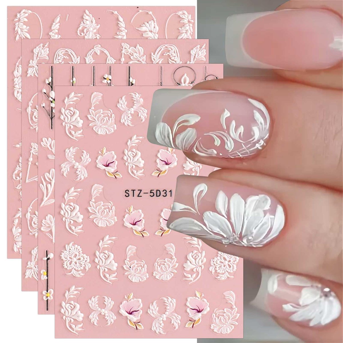 5D Frühlings-Embossed Blumen-Nagelkunst-Aufkleber 4 Blatt JMEOWIO Selbstklebende Dekorationen für Frauen und Mädchen