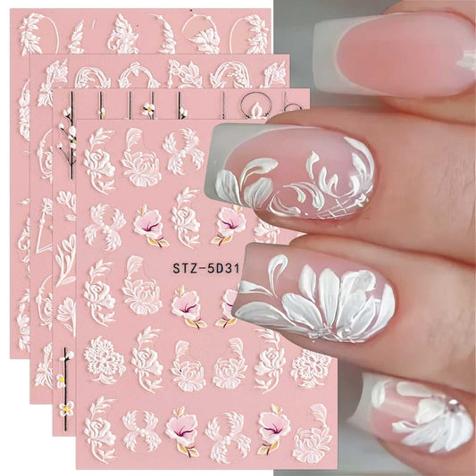 5D Frühlings-Embossed Blumen-Nagelkunst-Aufkleber 4 Blatt JMEOWIO Selbstklebende Dekorationen für Frauen und Mädchen