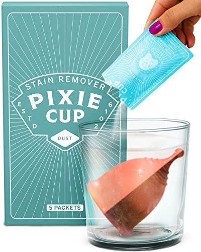 Pixie Cup Fleckenentferner – Der einzige Sterilisator-Reiniger, der Flecken von wiederverwendbaren Menstruationstassen und -scheiben entfernt – Organische und natürliche Inhaltsstoffe für die Intimhygiene (5 Beutel)
