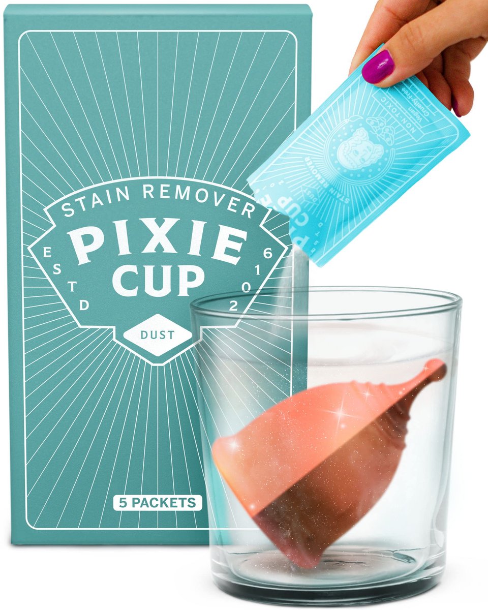 Pixie Cup Fleckenentferner – Der einzige Sterilisator-Reiniger, der Flecken von wiederverwendbaren Menstruationstassen und -scheiben entfernt – Organische und natürliche Inhaltsstoffe für die Intimhygiene (5 Beutel)