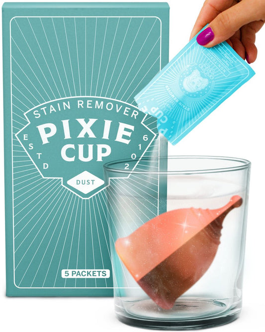 Pixie Cup Fleckenentferner – Der einzige Sterilisator-Reiniger, der Flecken von wiederverwendbaren Menstruationstassen und -scheiben entfernt – Organische und natürliche Inhaltsstoffe für die Intimhygiene (5 Beutel)