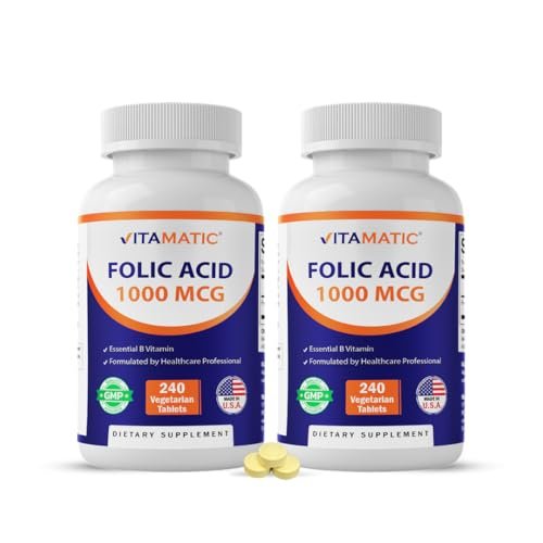 Vitamatic Folsäure 1000 mcg (1 mg) – 240 Vegetarische Tabletten (2er-Pack) 1667 mcg DFE – Vitamin B9 für pränatale, Herz- und Zellgesundheit