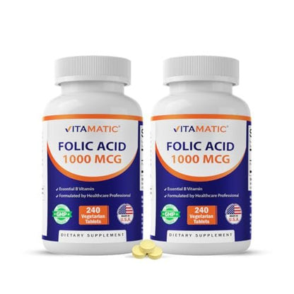 Vitamatic Folsäure 1000 mcg (1 mg) – 240 Vegetarische Tabletten (2er-Pack) 1667 mcg DFE – Vitamin B9 für pränatale, Herz- und Zellgesundheit