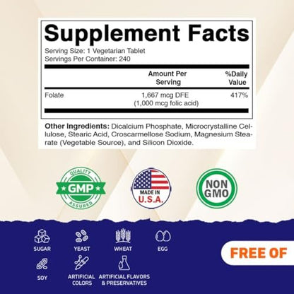 Vitamatic Folsäure 1000 mcg (1 mg) – 240 Vegetarische Tabletten (2er-Pack) 1667 mcg DFE – Vitamin B9 für pränatale, Herz- und Zellgesundheit