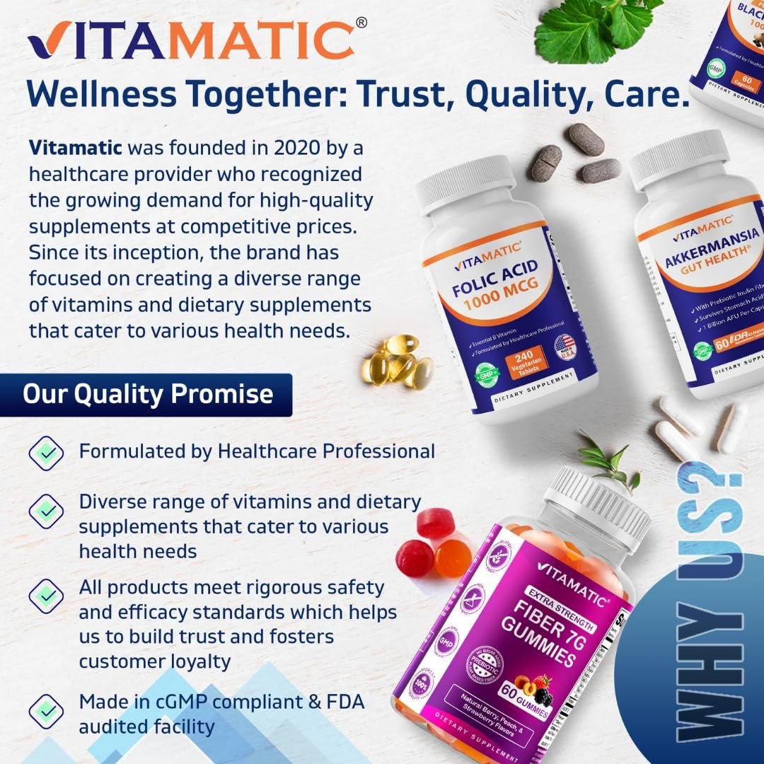 Vitamatic Folsäure 1000 mcg (1 mg) – 240 Vegetarische Tabletten (2er-Pack) 1667 mcg DFE – Vitamin B9 für pränatale, Herz- und Zellgesundheit