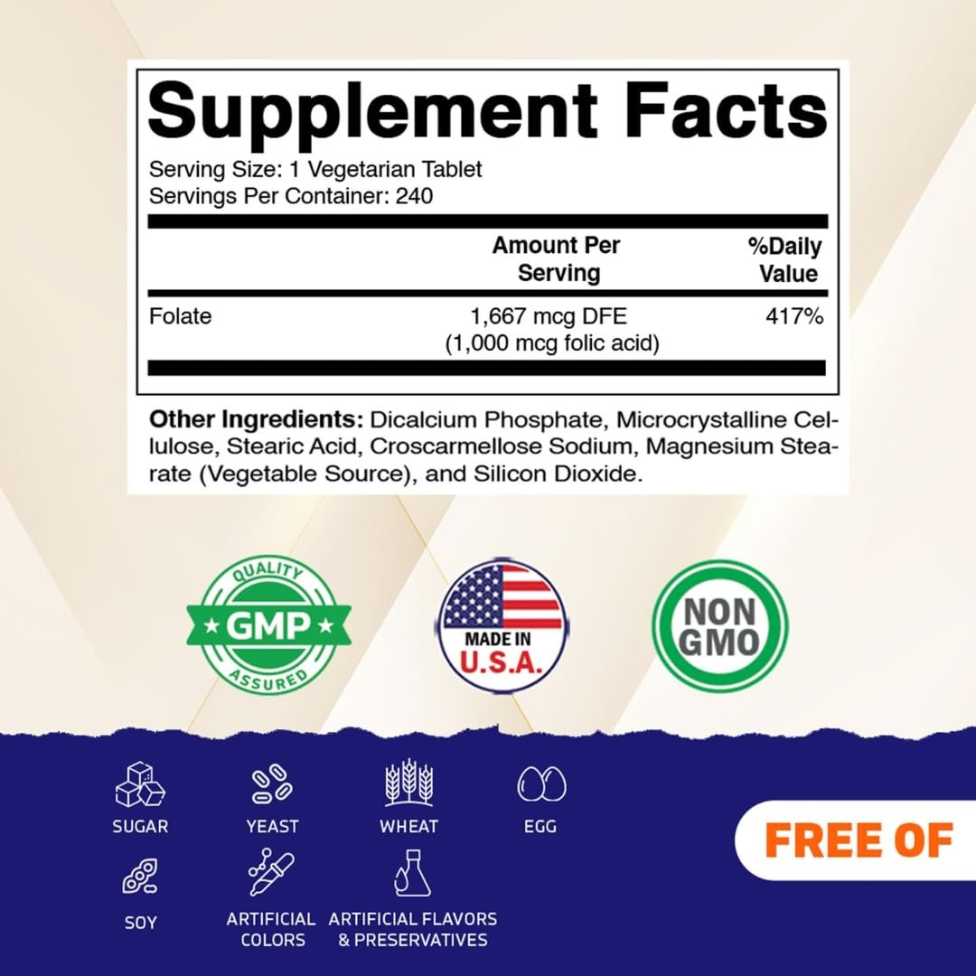 Vitamatic Folsäure 1000 mcg (1 mg) – 240 Vegetarische Tabletten (2er-Pack) 1667 mcg DFE – Vitamin B9 für pränatale, Herz- und Zellgesundheit