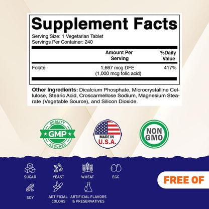 Vitamatic Folsäure 1000 mcg (1 mg) – 240 Vegetarische Tabletten (2er-Pack) 1667 mcg DFE – Vitamin B9 für pränatale, Herz- und Zellgesundheit
