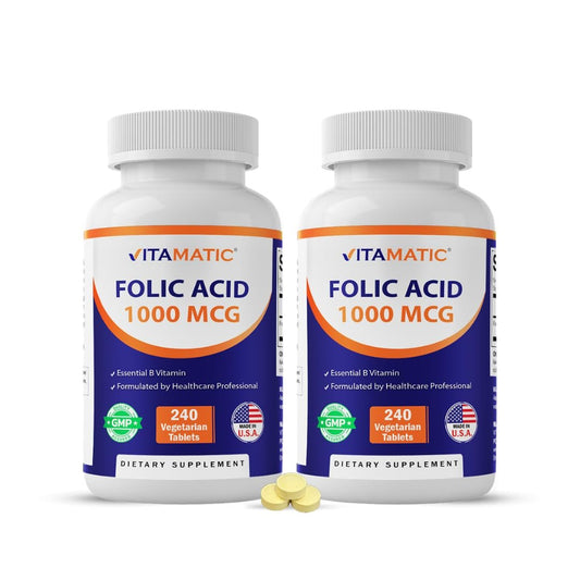 Vitamatic Folsäure 1000 mcg (1 mg) – 240 Vegetarische Tabletten (2er-Pack) 1667 mcg DFE – Vitamin B9 für pränatale, Herz- und Zellgesundheit