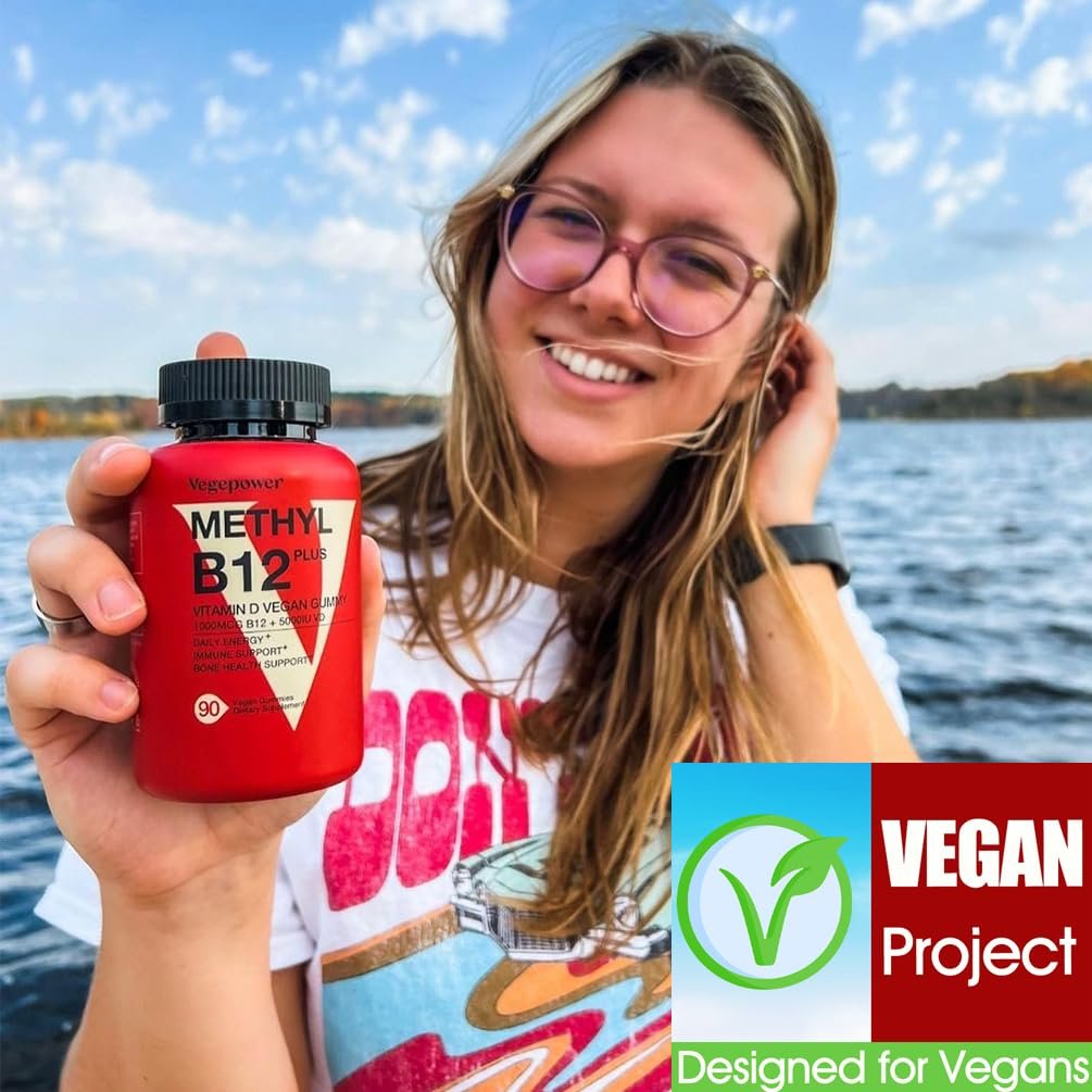 VEGEPOWER Vitamin B12 D3 Vegan Gummies – 90 Stück | 1000 µg Methyl-B12 & 5000 IE Vitamin D Gummibärchen für Erwachsene & Kinder – Immunsystem & tägliche Energie – Ohne Gelatine, Orange