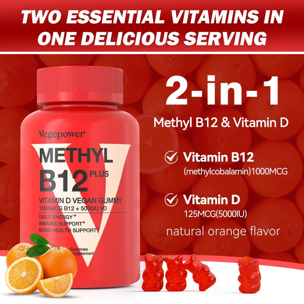 VEGEPOWER Vitamin B12 D3 Vegan Gummies – 90 Stück | 1000 µg Methyl-B12 & 5000 IE Vitamin D Gummibärchen für Erwachsene & Kinder – Immunsystem & tägliche Energie – Ohne Gelatine, Orange