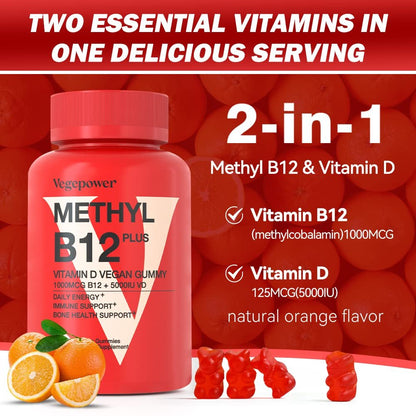 VEGEPOWER Vitamin B12 D3 Vegan Gummies – 90 Stück | 1000 µg Methyl-B12 & 5000 IE Vitamin D Gummibärchen für Erwachsene & Kinder – Immunsystem & tägliche Energie – Ohne Gelatine, Orange