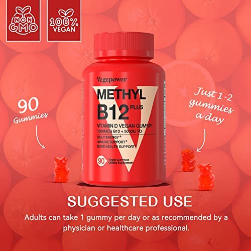 VEGEPOWER Vitamin B12 D3 Vegan Gummies – 90 Stück | 1000 µg Methyl-B12 & 5000 IE Vitamin D Gummibärchen für Erwachsene & Kinder – Immunsystem & tägliche Energie – Ohne Gelatine, Orange