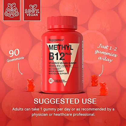 VEGEPOWER Vitamin B12 D3 Vegan Gummies – 90 Stück | 1000 µg Methyl-B12 & 5000 IE Vitamin D Gummibärchen für Erwachsene & Kinder – Immunsystem & tägliche Energie – Ohne Gelatine, Orange