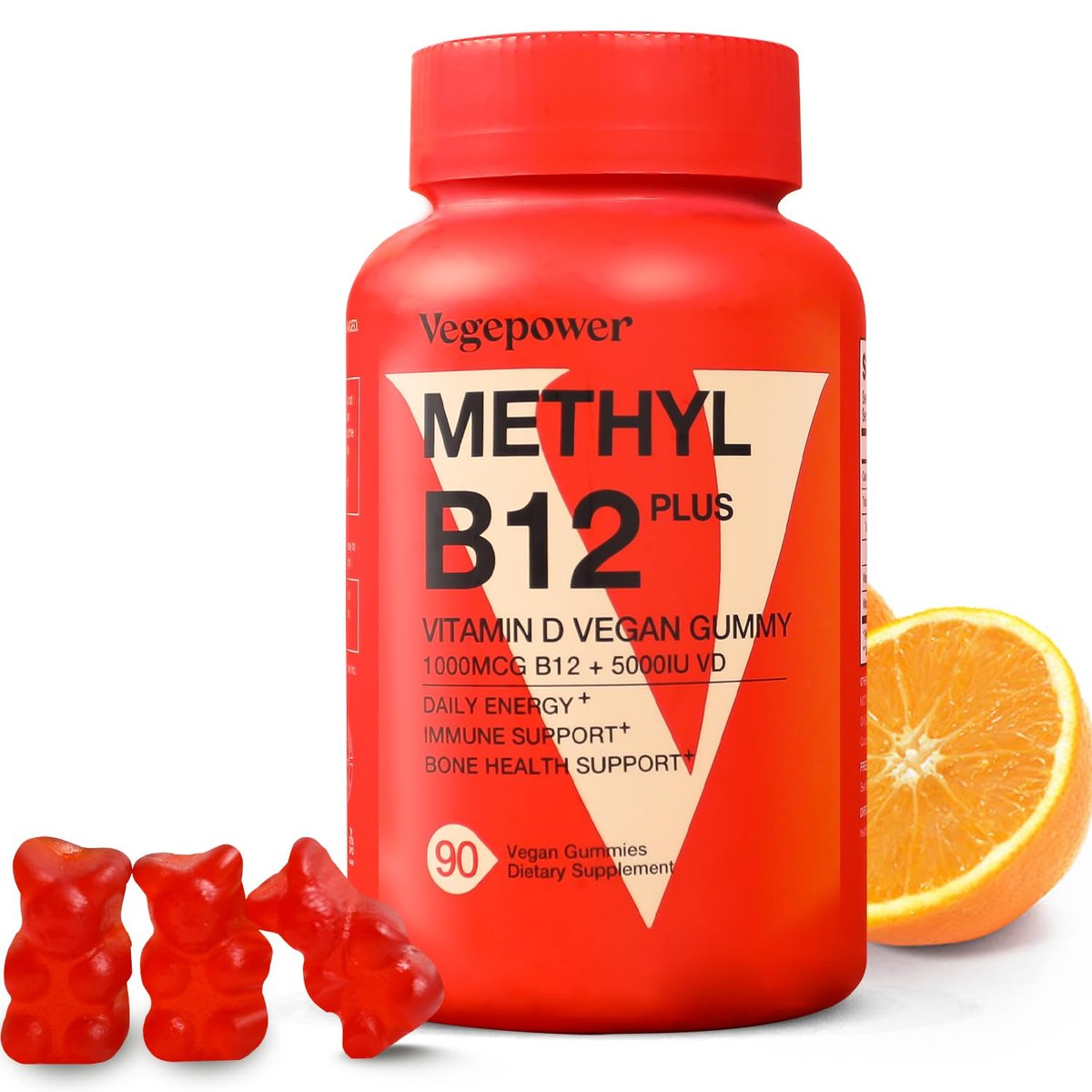 VEGEPOWER Vitamin B12 D3 Vegan Gummies – 90 Stück | 1000 µg Methyl-B12 & 5000 IE Vitamin D Gummibärchen für Erwachsene & Kinder – Immunsystem & tägliche Energie – Ohne Gelatine, Orange